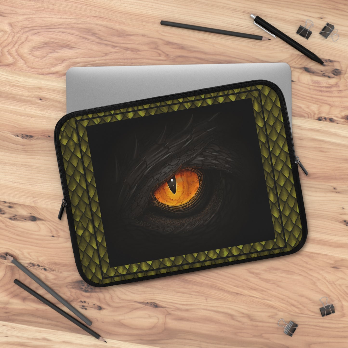 Laptop Sleeve  (Sizes:  13", 15", 17") [Dragons:  Green Scales-Black Eye w/Orange] - From In the Beginning Fabrics.