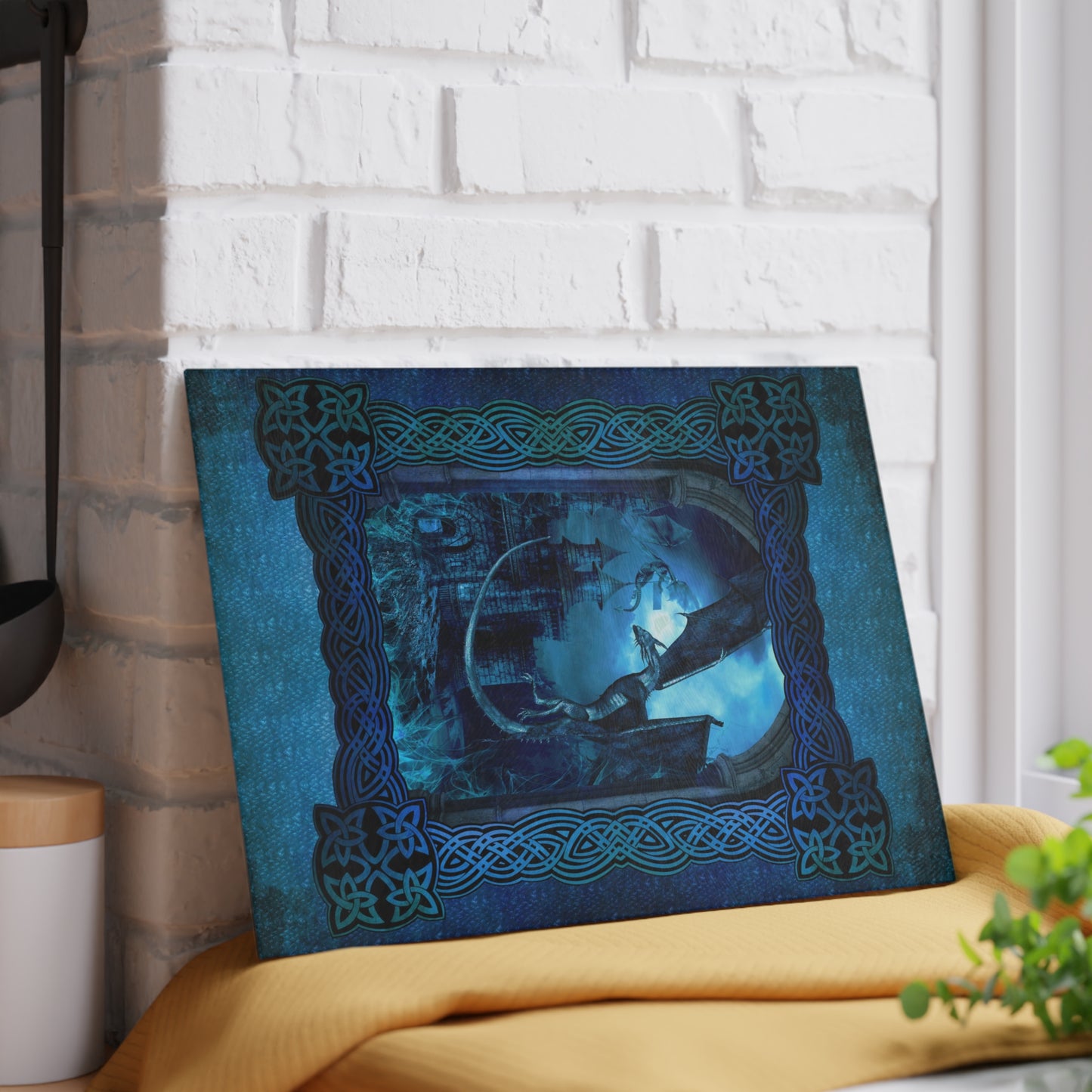 Glass Cutting Board:  "Dragons" [Blue Panel]