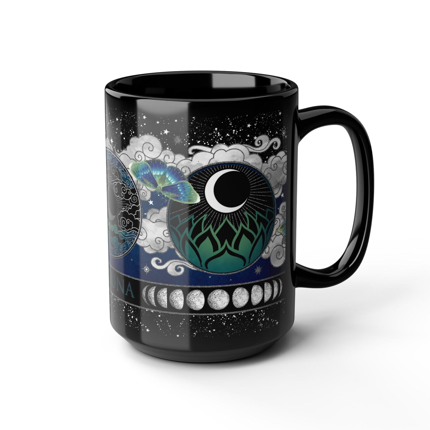 Black Mug-15oz:  "LA LUNA 2" Border