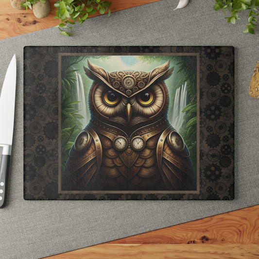 Glass Cutting Board (11"x15"):  Steampunk Animals [Owl]