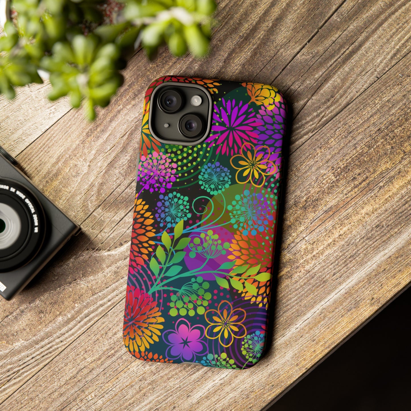 Apple I-Phone 15 Tough Case-Phone Case:  Unusual Garden  [Bright Flowers]
