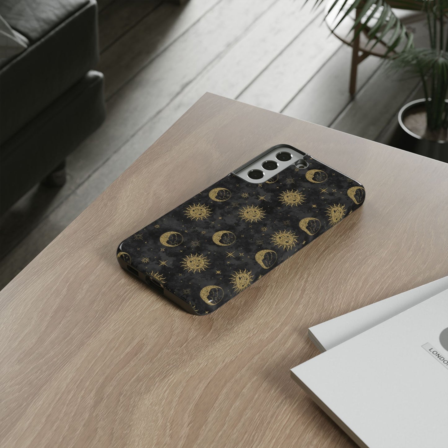 Samsung Galaxy S22 - Tough Case-Phone Case:  Sun, Moon, Stars [Gold Moon, Gold Suns]
