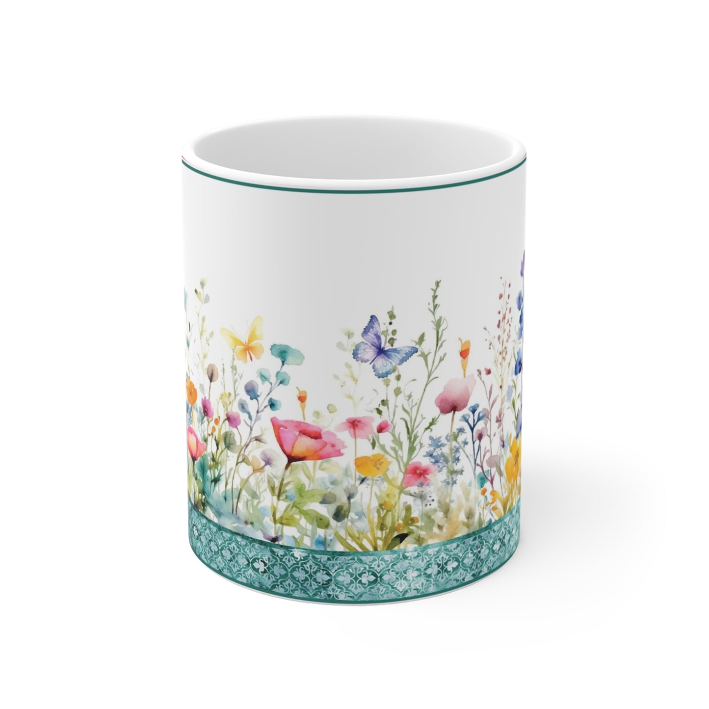 Ceramic Mug: White; Butterfly Fantasy [Flower Border]