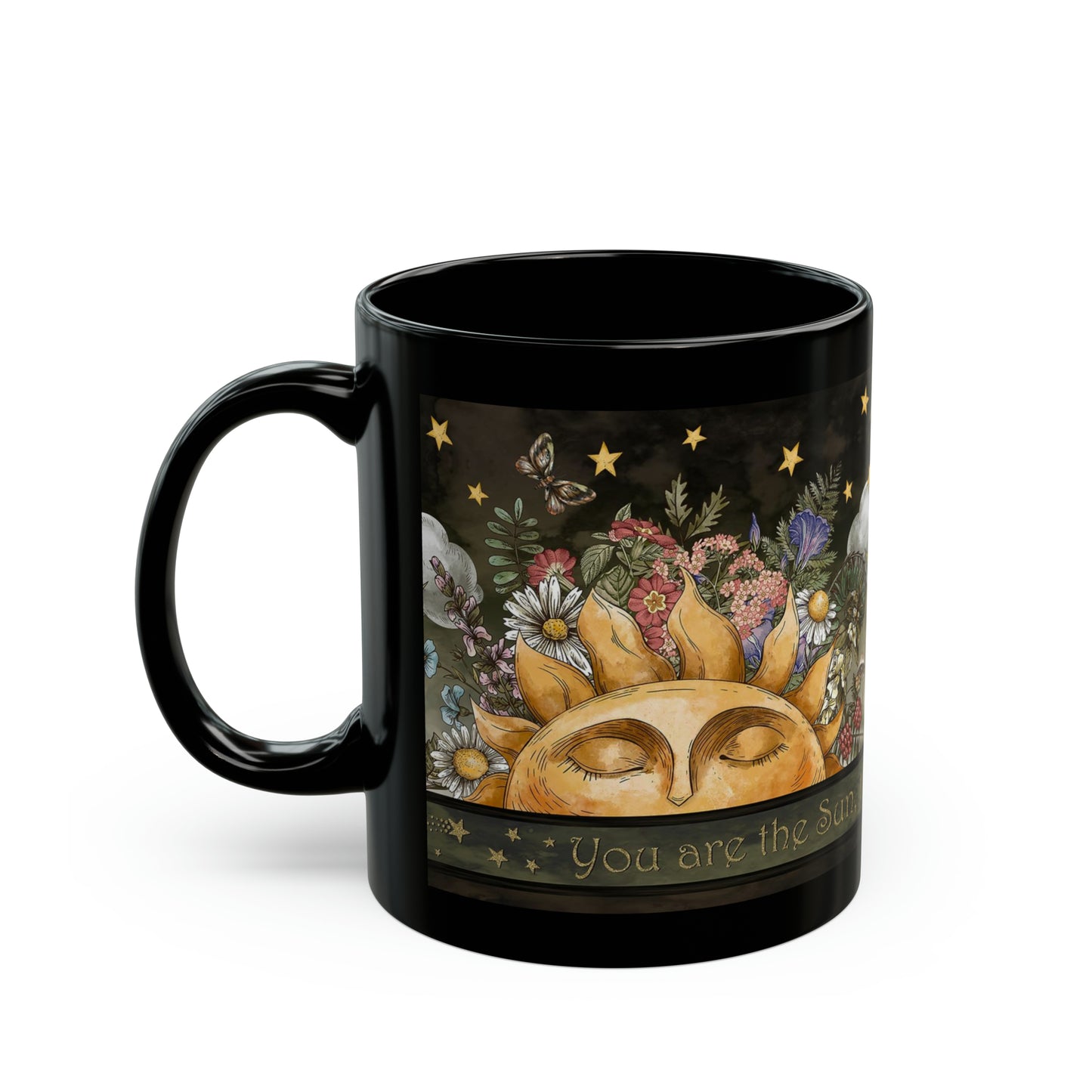 Ceramic Mug:  Black;  "The Sun, The Moon, And the Stars" [Border]