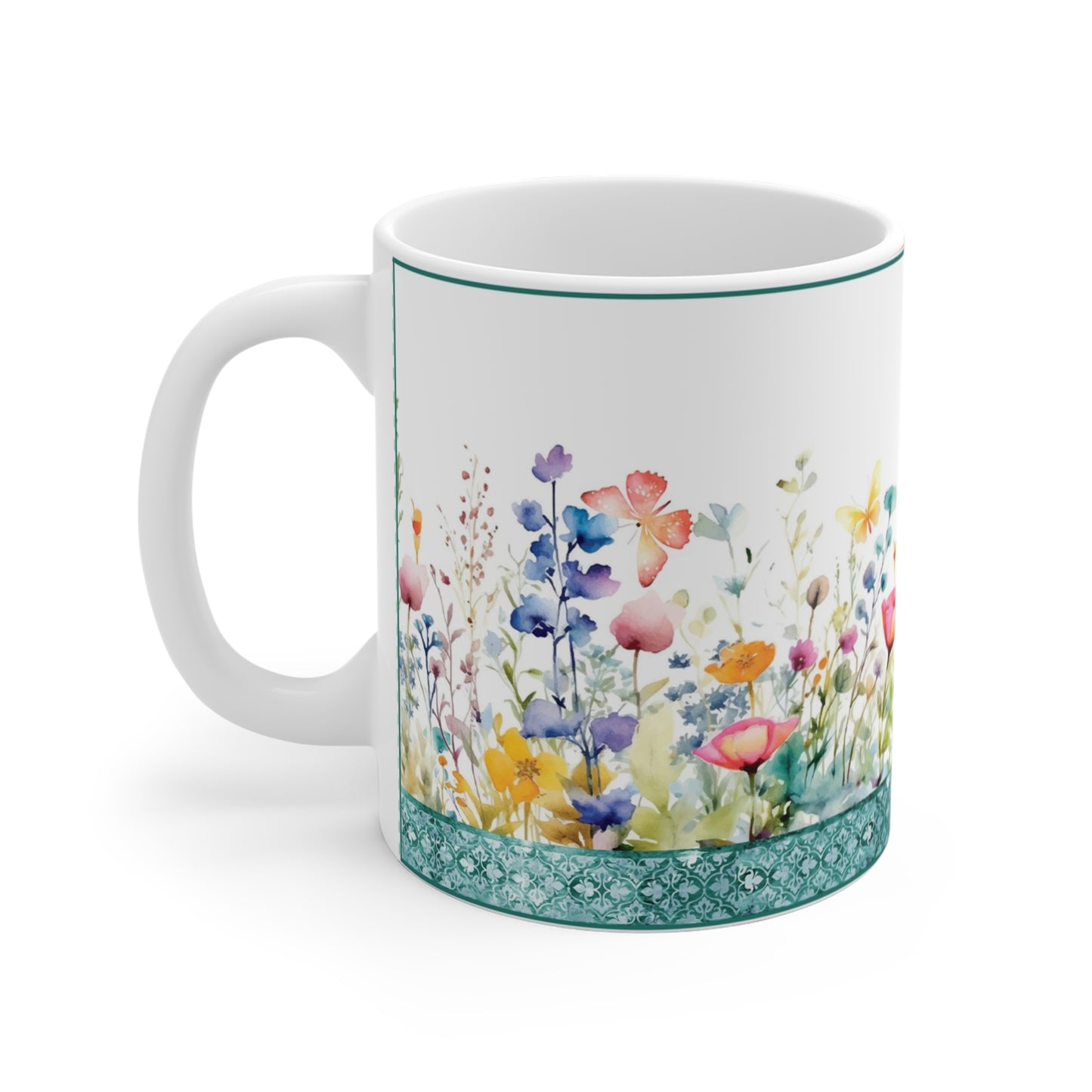 Ceramic Mug: White; Butterfly Fantasy [Flower Border]