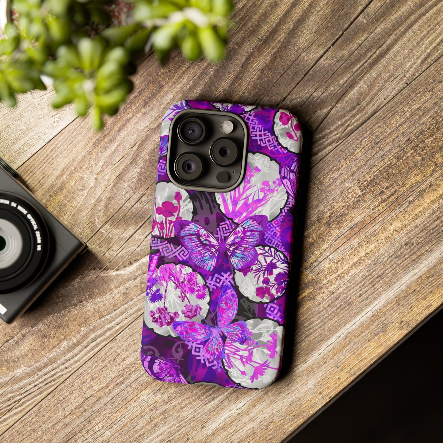 Apple I-Phone 15 (Series) Tough Case-Phone Case:  Dreamscapes [Bright Purple Butterflies]