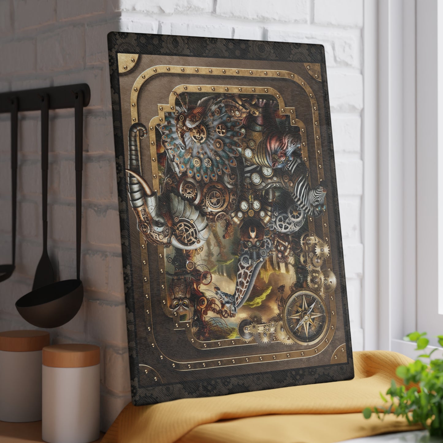 Glass Cutting Board (11"x15"):  Steampunk Animals [Full Panel]