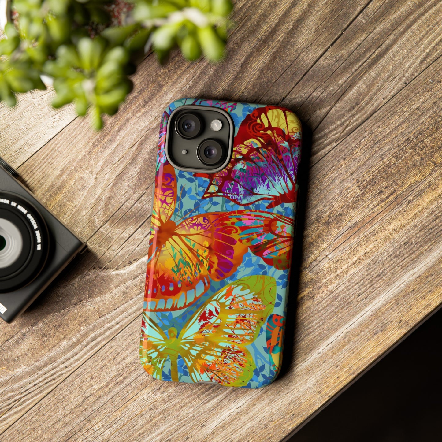 Apple I-Phone 15 (Series) Tough Case-Phone Case:  Dreamscapes [Light Green Butterflies]