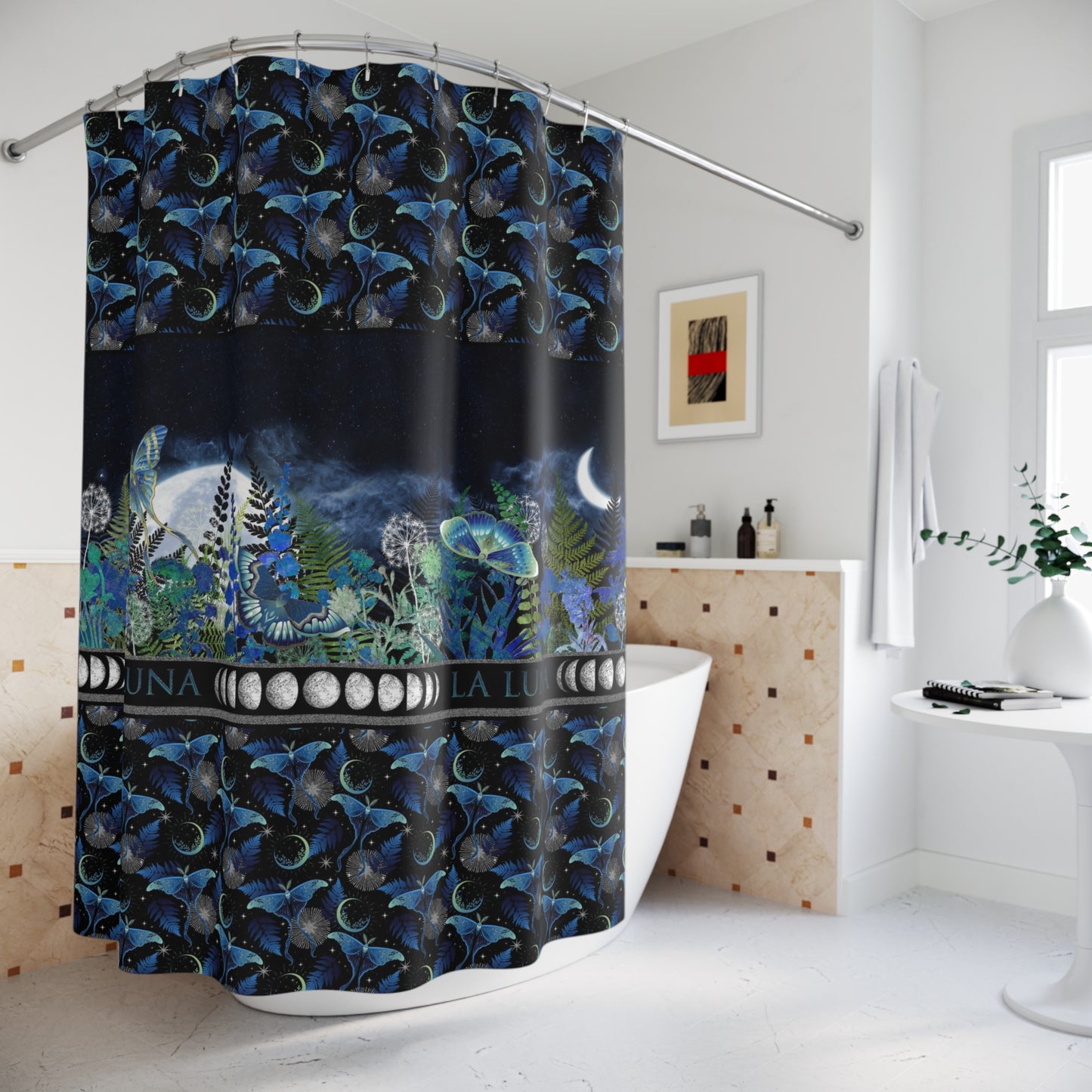 Moon Garden Shower Curtain — Celestial Night Bathroom Decor with Lunar Phases