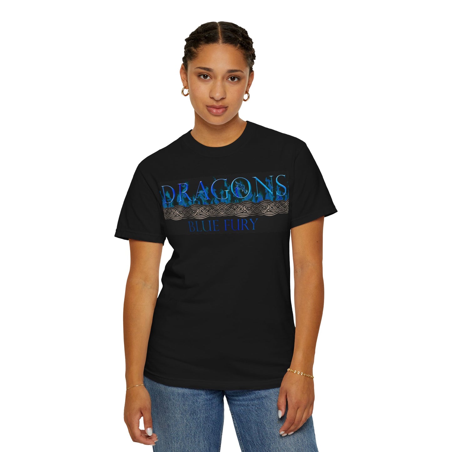 Unisex Heavy Cotton Tee:  "Dragons" [Blue Fury-Banner/Panel]