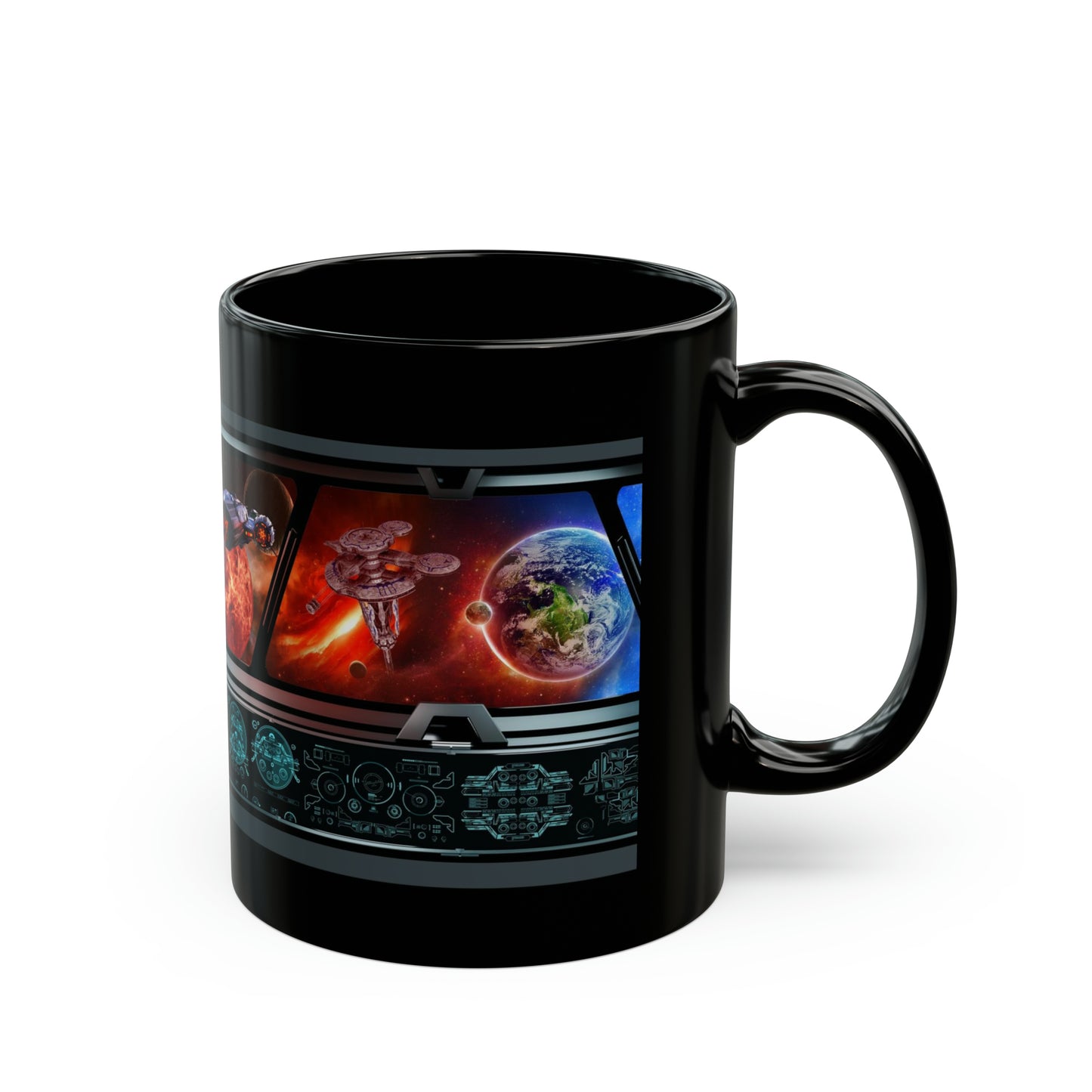 Ceramic Mug:  Black;  "Sci-Fi" [Ship Window View]