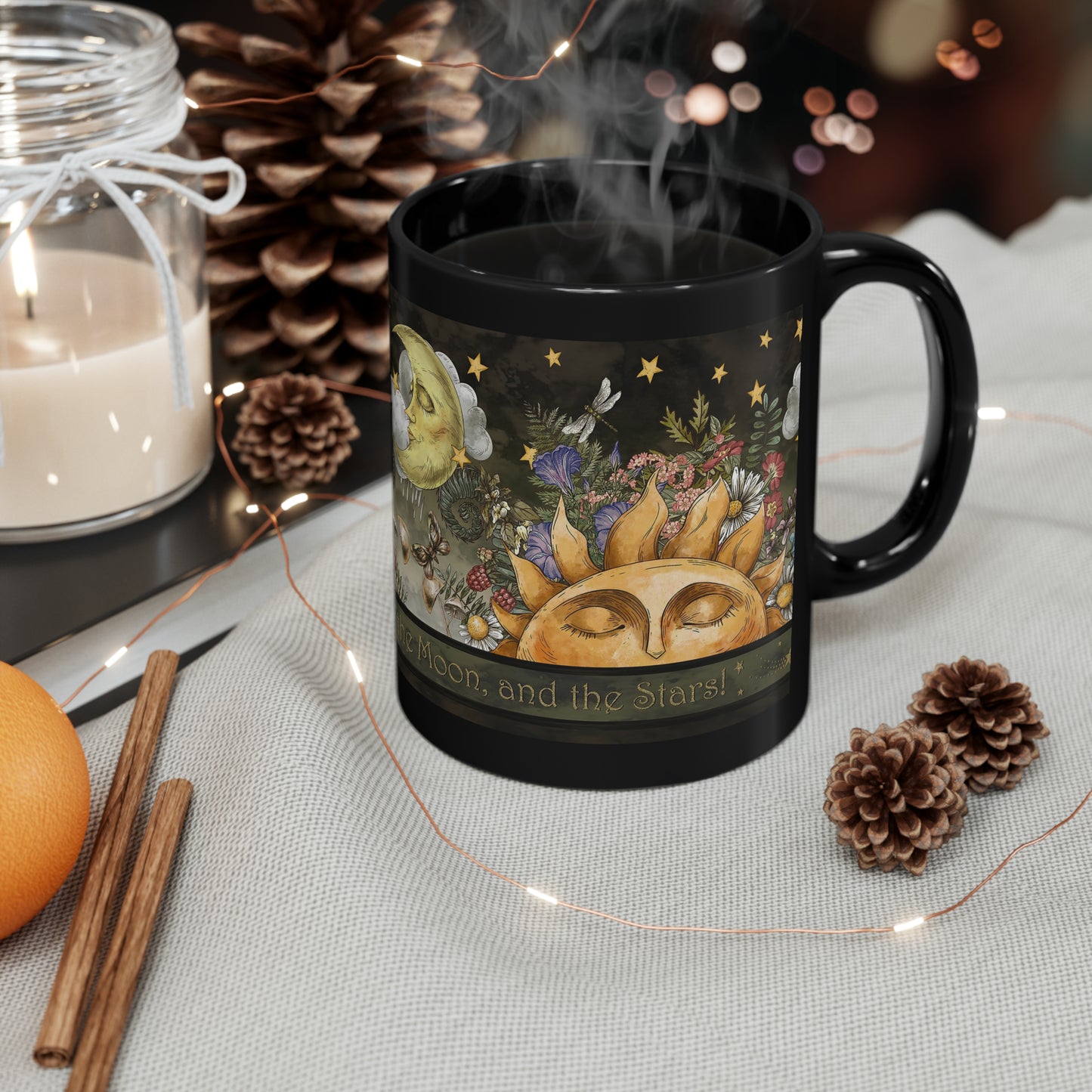 Ceramic Mug:  Black;  "The Sun, The Moon, And the Stars" [Border]
