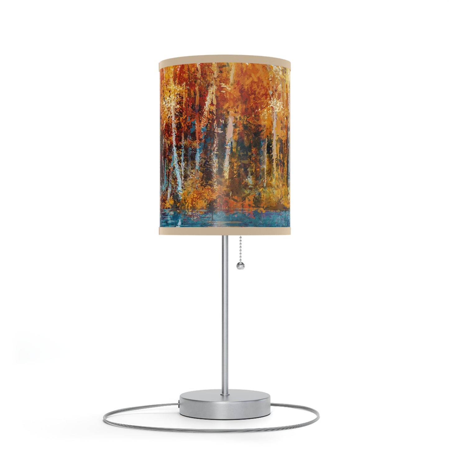 Table Lamp: Silver Base W/Black Trim; The Year of Art-Aspen Trees w/river