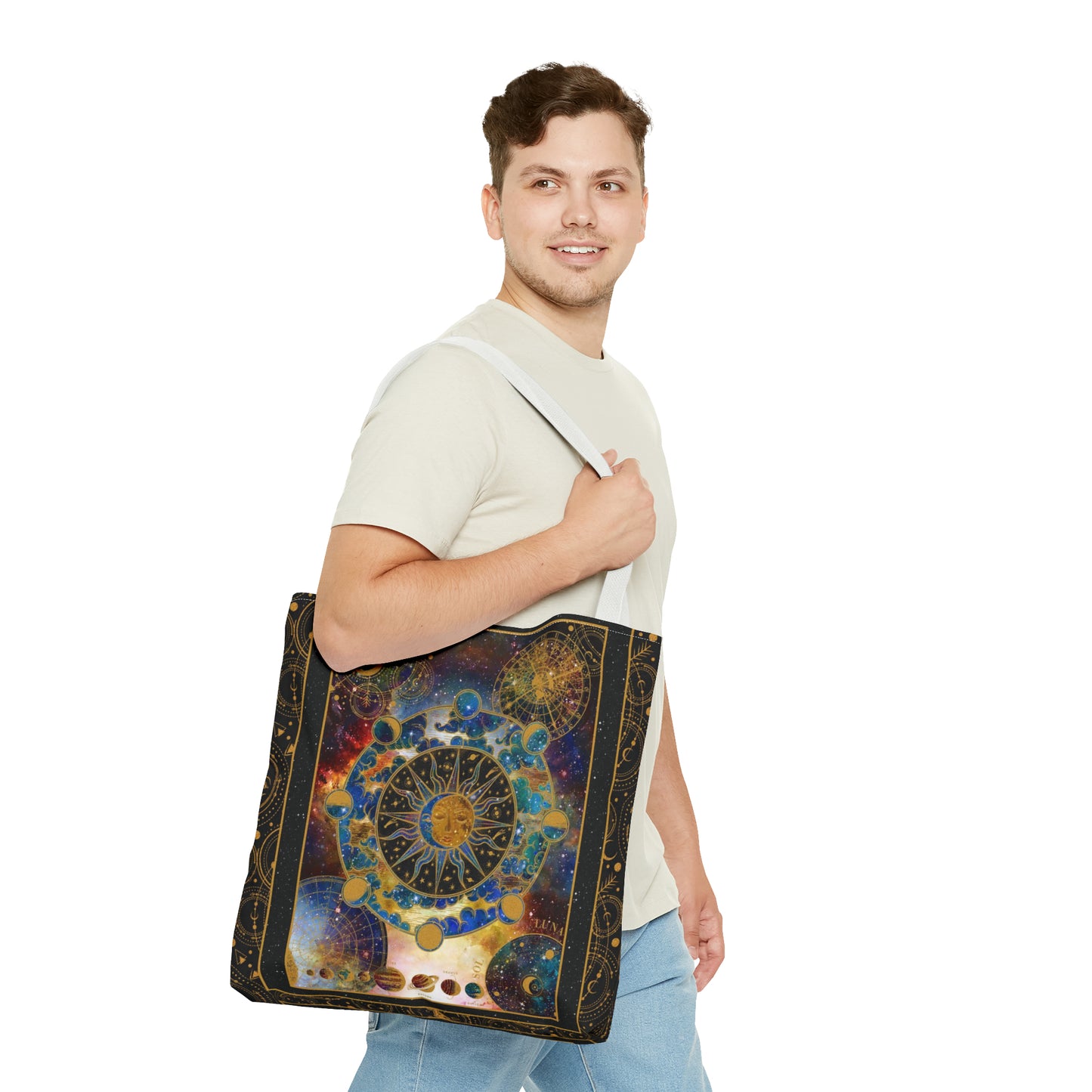 Tote Bag: large-18x18; "Cosmos":  Celestial Panel, Gold Background]