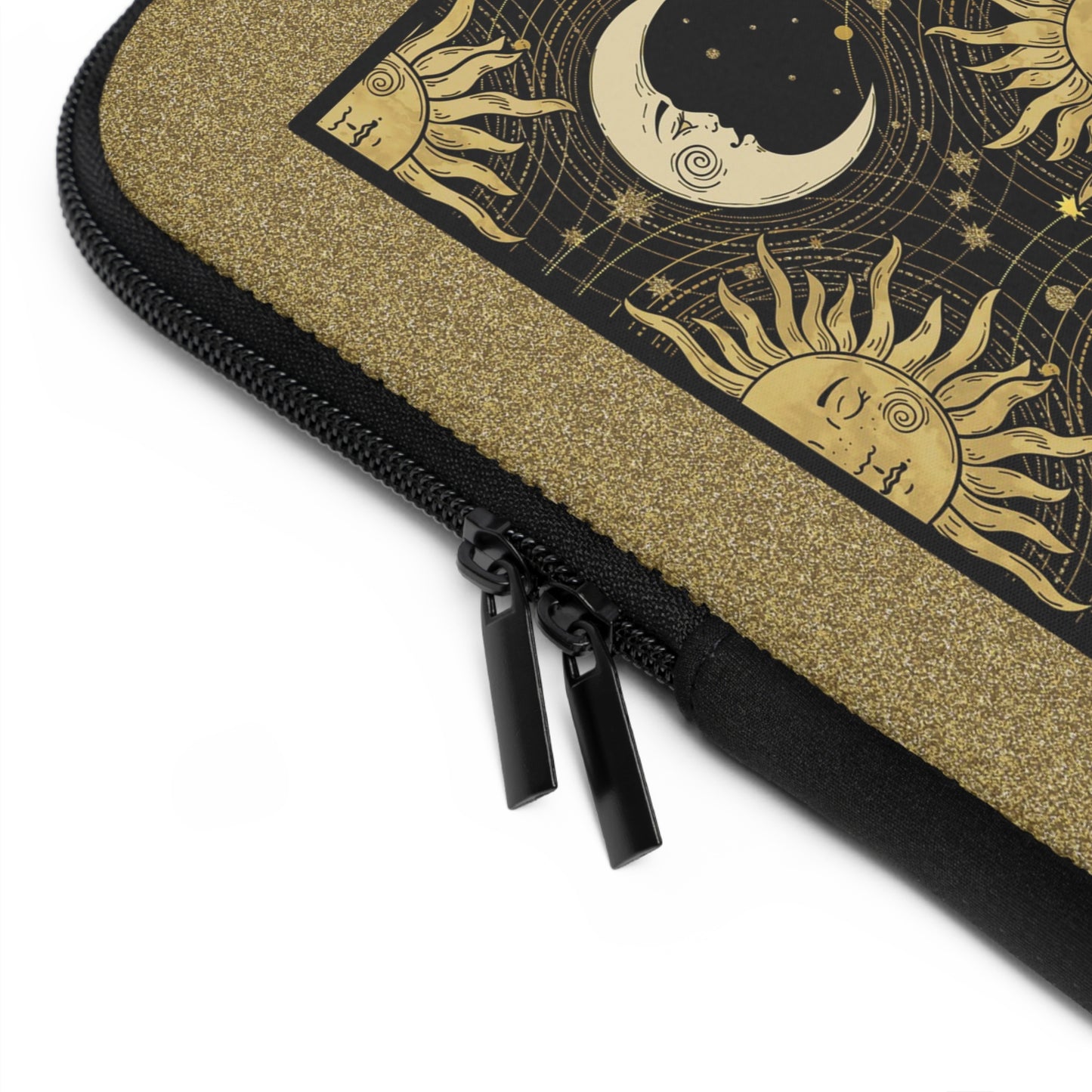 Laptop Sleeve  (Sizes:  13", 15", 17") [Sun, Moon, Stars]:  Gold Bkg, Black Sun and Moon.
