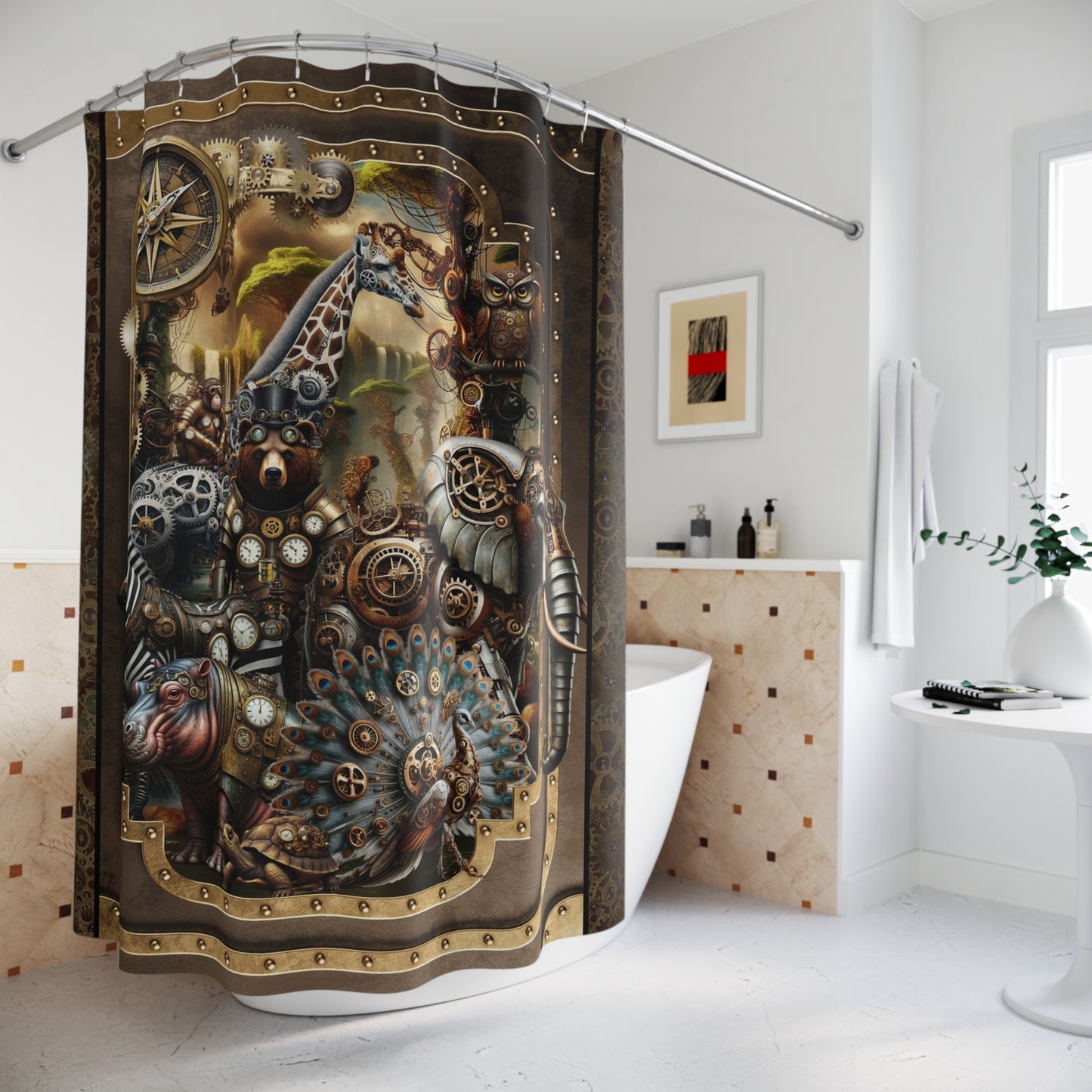 Steampunk Safari Shower Curtain — Giraffe, Bear & Owl Vintage Mechanical Design