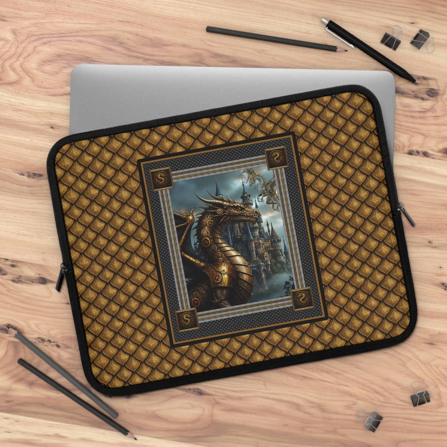 Laptop Sleeve (Sizes:  13", 15", 17"):  Steampunk Dragons [Dragon Panel - Gold Scales]