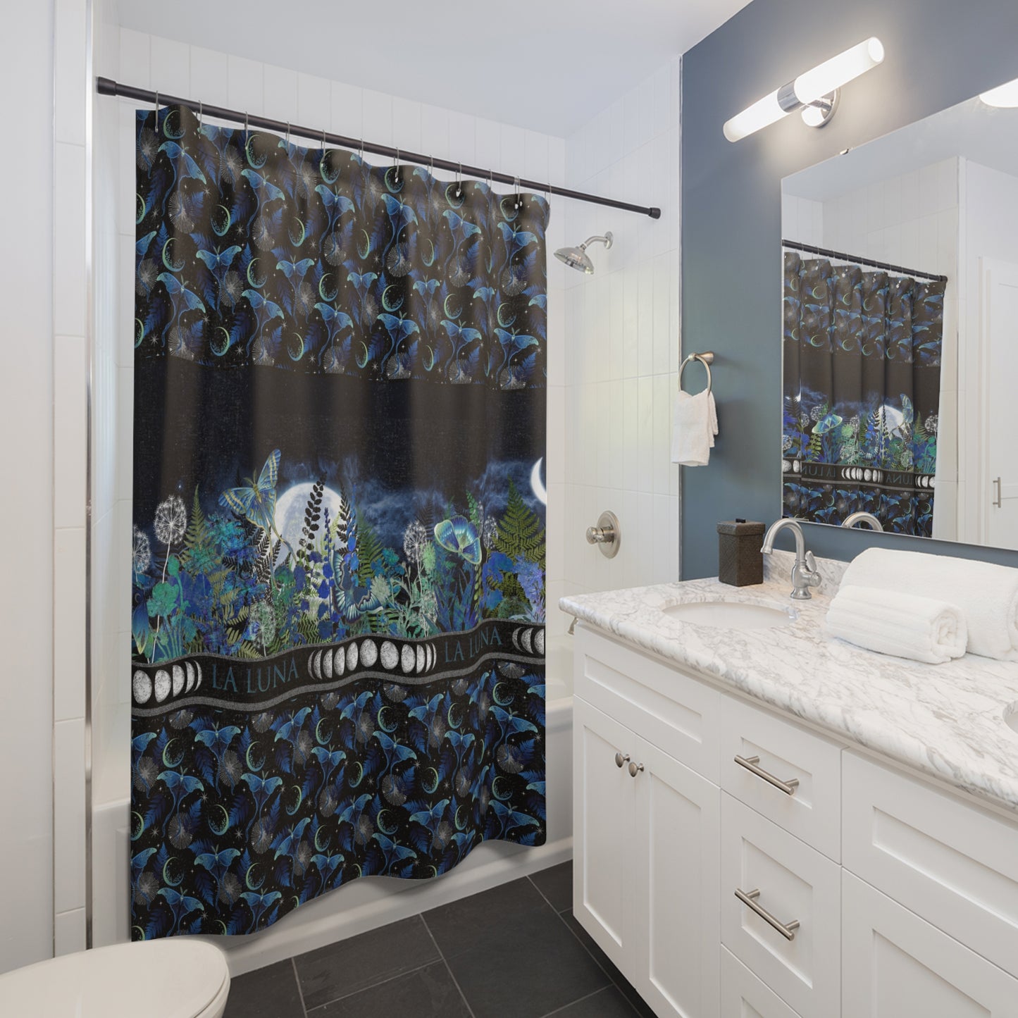Moon Garden Shower Curtain — Celestial Night Bathroom Decor with Lunar Phases