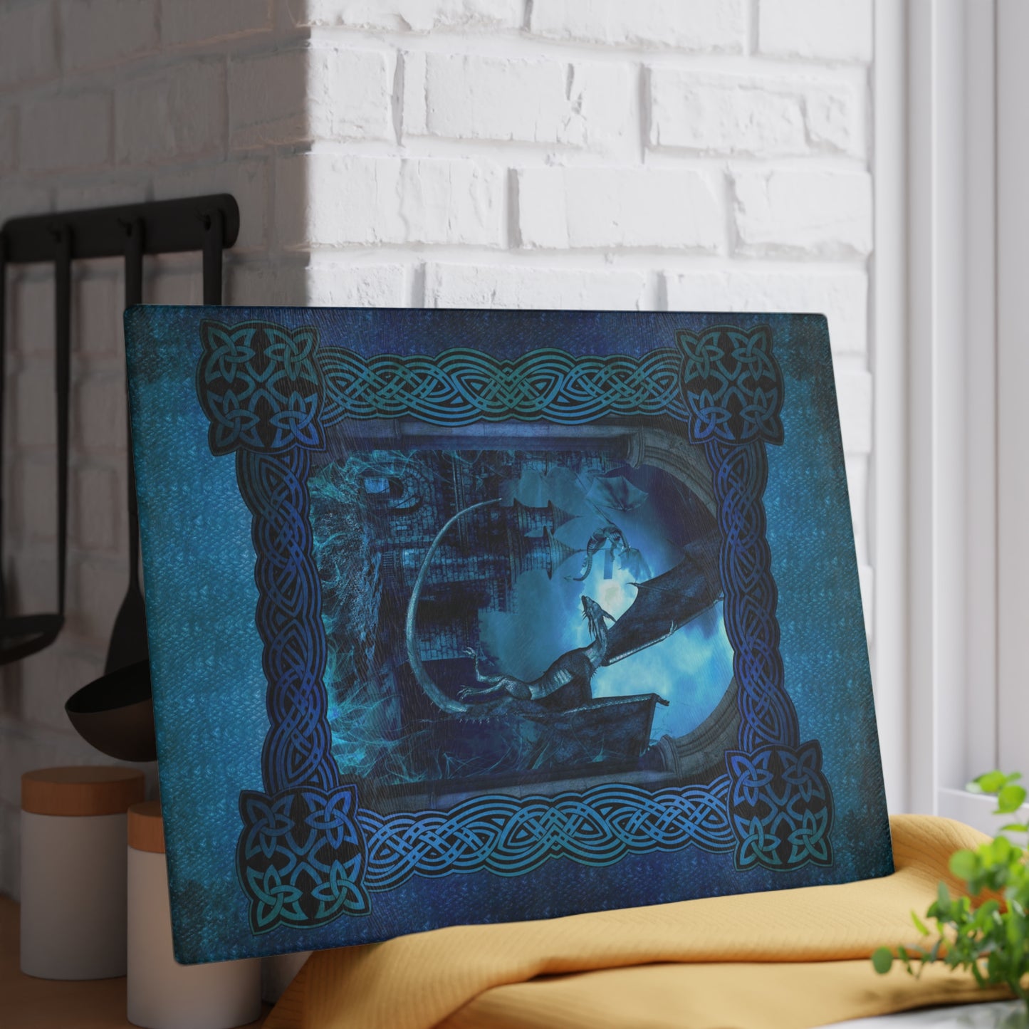 Glass Cutting Board (11"x15"): "Dragons" [Blue Panel]